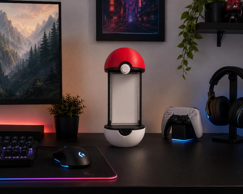 Puede incluir: Un soporte de exhibici&oacute;n vertical con forma de Pok&eacute; Ball roja, blanca y negra. El dispositivo cuenta con un marco rectangular central con fondo blanco, dise&ntilde;ado para sostener una tarjeta o un objeto peque&ntilde;o entre las dos mitades de la carcasa.