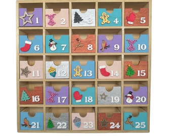 Wooden ADVENT CALENDAR Custom decorated with drawers | 25 drawer unit| Beautiful hand-painted advent | Bespoke Christmas advent calendar