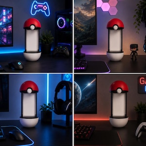 Puede incluir: Una l&aacute;mpara cil&iacute;ndrica dise&ntilde;ada para parecerse a una Pok&eacute; Ball, con un hemisferio superior rojo, un hemisferio inferior blanco y un panel de luz central blanco. La l&aacute;mpara incluye un peque&ntilde;o bot&oacute;n circular en la parte frontal que une las mitades.