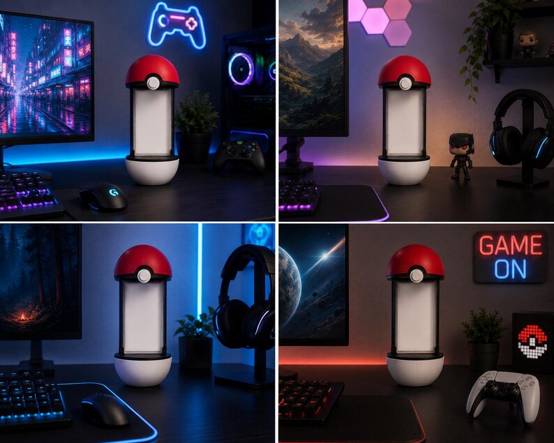 Puede incluir: Una l&aacute;mpara cil&iacute;ndrica dise&ntilde;ada para parecerse a una Pok&eacute; Ball, con un hemisferio superior rojo, un hemisferio inferior blanco y un panel de luz central blanco. La l&aacute;mpara incluye un peque&ntilde;o bot&oacute;n circular en la parte frontal que une las mitades.
