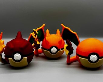 Glurak Evolution Set | 3D gedruckte Pokémon Anzeige | Glumanda Charmeleon Charizard Pokeball Figuren | Sammler Geschenk | Premium Fan Dekor