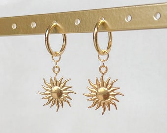 Sun Earrings | Stainless Steel, Hoop Earrings, Huggie Hoop, Sun Pendant, Gift for Her, Earrings For Women, Celestial Jewelry, Sun Jewelry