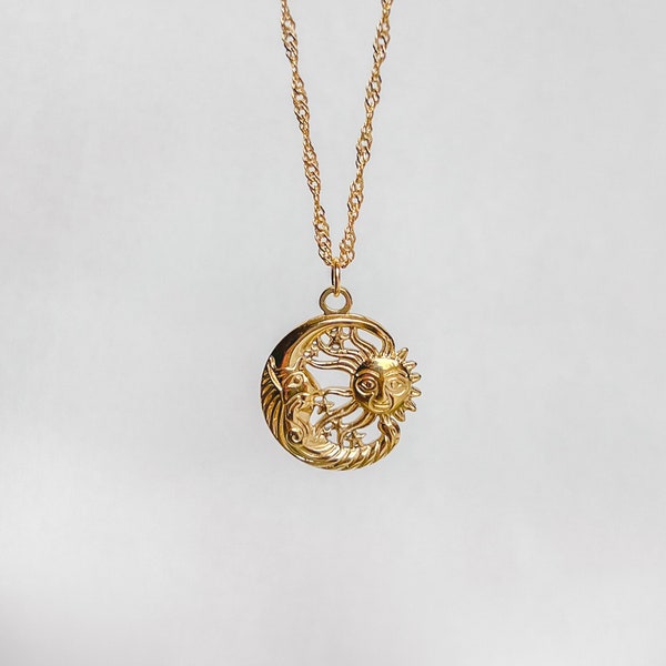 Collier vintage Soleil et Lune | Plaqué or 18 carats, collier zodiaque céleste, collier soleil lune, collier croissant de lune, collier lune en or