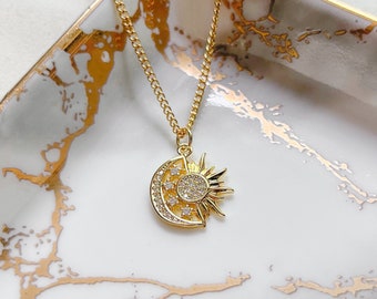 Sonne und Mond Halskette | 18K Gold gefüllt, Halbmond-Halskette, himmlische Sternzeichen-Halskette, Sonne-Mond-Halskette, himmlischer Schmuck