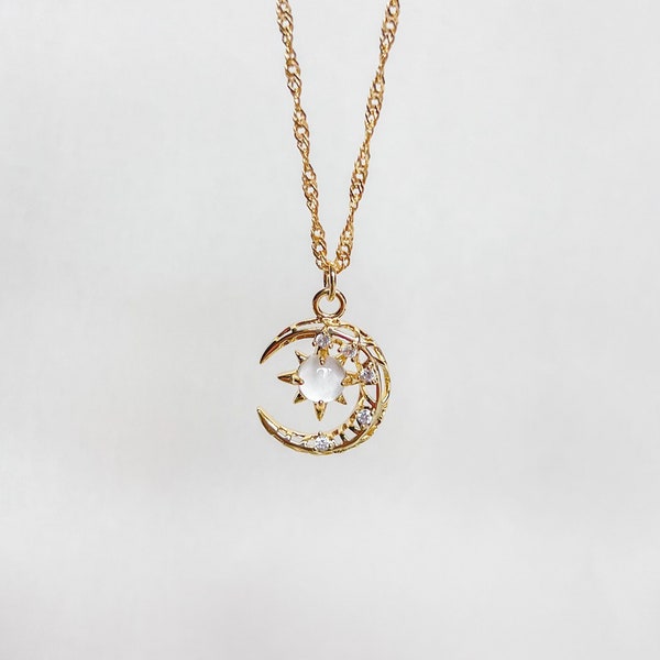Mond- und Stern-Halskette | 18K vergoldet, Goldmond-Halskette, Halbmond-Halskette, himmlische Sternzeichen-Halskette, Mond-Anhänger-Halskette