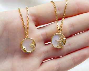 Colliers Soleil et Lune | Plaqué or 18 carats, collier soleil lune, collier assorti, collier zodiaque céleste, collier pour couples, cadeau pour elle