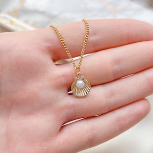 Seashell Charm Necklace With Pearl | 14K Gold Plated, Seashell Necklace, Ocean Jewelry, Surfer Necklace, Beach Necklace, Gift for Her