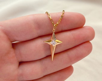 Collier étoile du Nord en or | Acier inoxydable, plaqué or 18 carats, pendentif étoile polaire, collier céleste, collier de tous les jours, cadeau pour elle