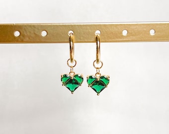 Green Heart Earrings | Stainless Steel, 18K Gold Plated, Gold Heart Earrings, Hoop Earrings, Huggie Hoop, Gift for Her, Birthday Gift