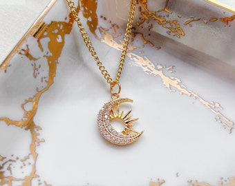 Collier Soleil et Lune | Plaqué or 14 carats, collier lune en or, collier croissant de lune, collier zodiaque céleste, collier soleil lune