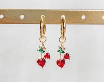 Cherry Earrings | Stainless Steel, 18K Gold Plated, Handmade Jewelry, Hoop Earrings, Huggie Hoop, Red Cherry Earrings, Heart Shaped