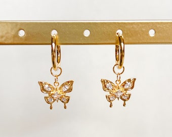 Gouden vlinder oorbellen | 18k verguld, hoepel oorbellen, Huggie hoepel, vlinder hanger, verjaardagscadeau, cadeau voor haar, oorbellen voor vrouwen