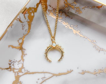 Collier opale de lune | Plaqué or 14 carats, collier lune en or, collier croissant de lune, collier zodiaque céleste, collier lune, collier d'opale