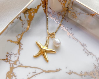 Collana di stelle marine con collana di perle d'acqua dolce/oceano, gioielli da spiaggia impermeabili, collana estiva, collana di conchiglie, collana da surfista