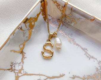 Initial Necklace With Freshwater Pearl | Ocean Necklace, Waterproof Beach Jewelry, Summer Necklace, Initial Letter Necklace, Surfer Necklace