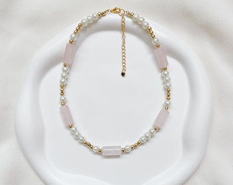 Ras de cou en perles de quartz | Collier ras du cou pour femme, Collier de perles, Bijoux d'été, Acier inoxydable, Bijoux faits main, Bijoux en pierres précieuses véritables