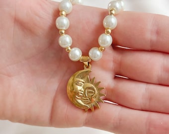 Collier de perles soleil et lune | Acier inoxydable, collier de perles, collier zodiaque céleste, collier soleil et lune, collier lune, collier soleil