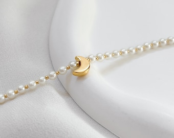 Moon Pearl Bracelet | Stainless Steel, Moon Bracelet, Summer Bracelet, Pearl Bracelet, Crescent Moon Bracelet, Celestial Jewelry