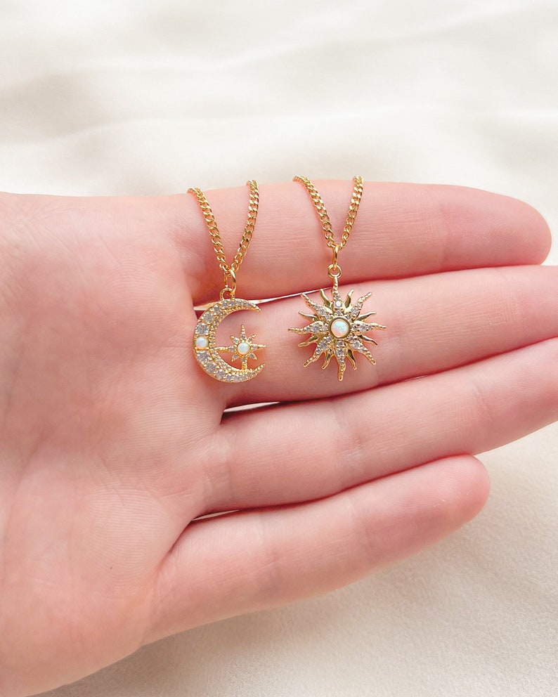 Sun and Moon Opal Necklaces, Matching Necklace, Celestial Zodiac Necklace, Necklace Couples, Sun Pendant, Moon Pendant, Gold Opal Necklace
