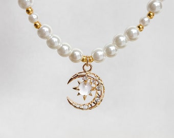 Collier de perles de lune | Collier croissant de lune, plaqué or 18 carats, collier lune en or, collier de perles, collier zodiaque céleste, cadeau pour elle