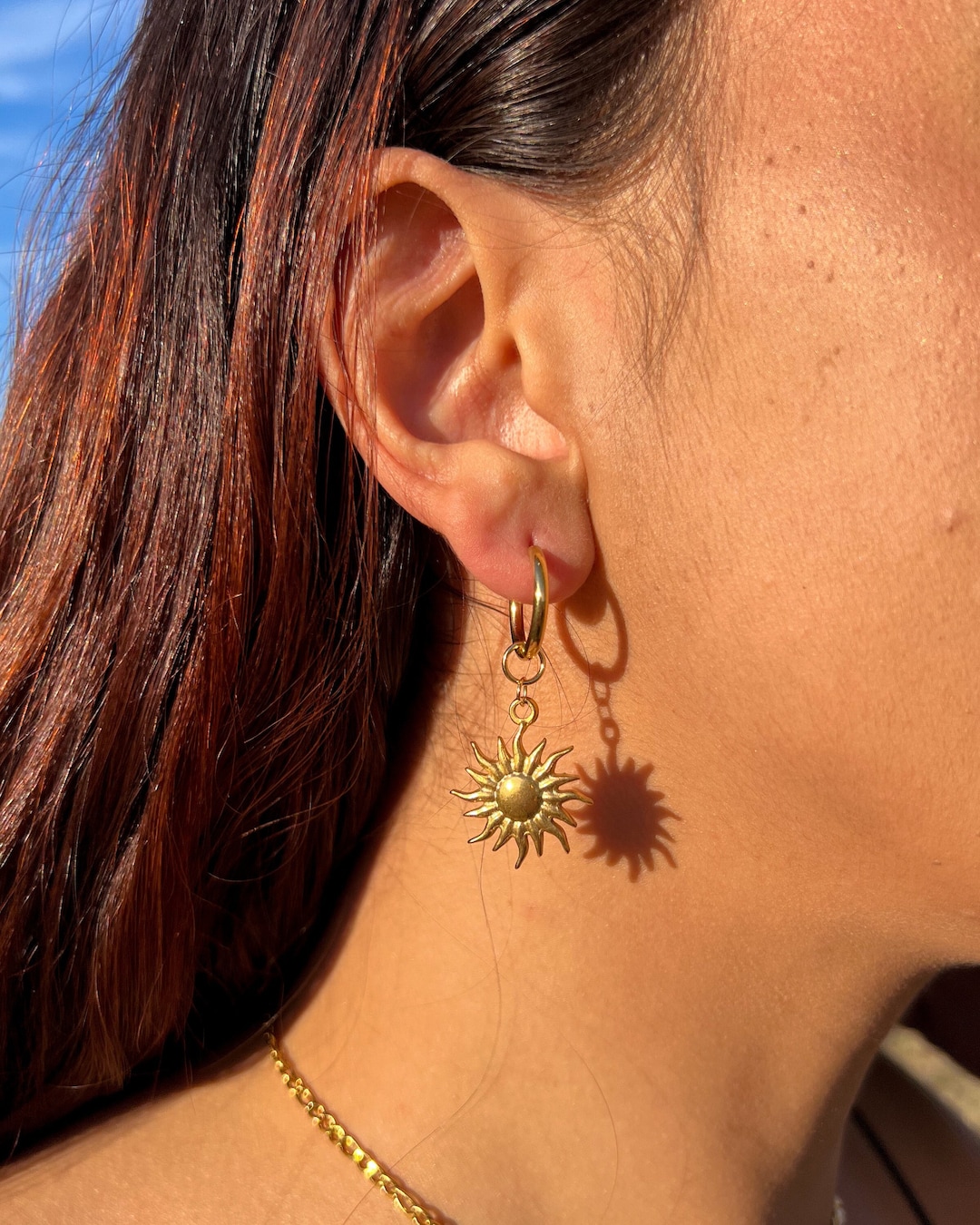 Gold Sun Earrings Stainless Steel, Hoop Earrings, Huggie Hoop, Sun