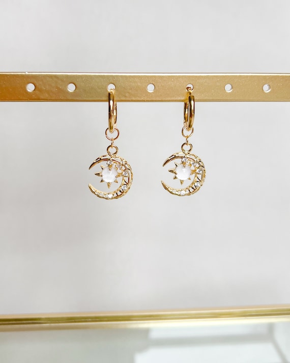 Moon and Star Earrings | 18K Gold Plated, Hoop Earrings