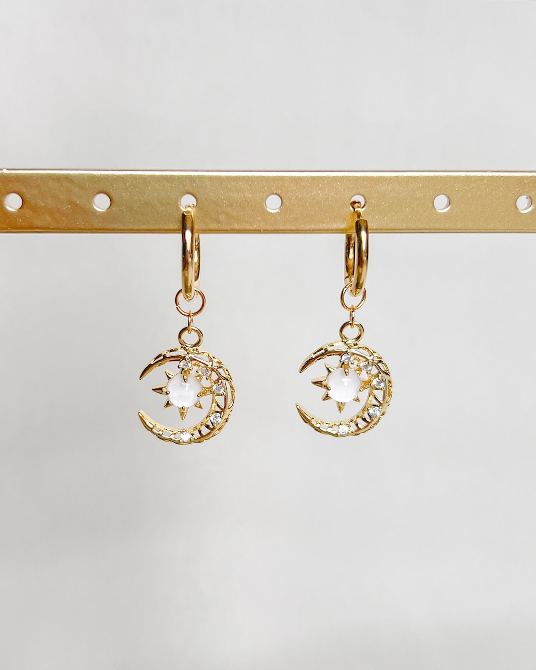 アクセサリー MM: Crescent Moon Pentagram Earrings RM Gothic Witchcraft Moon and Pentagram Earrings, Stainless