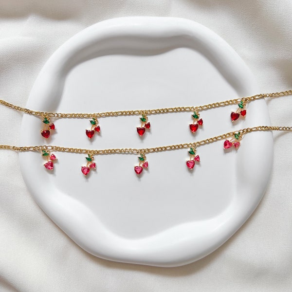 Cherry Choker | Choker Necklace Women, 18K Gold Plated, Cute Cherry Necklace, Heart Necklace, Birthday Gift, Gift for Her, Cherry Pendant