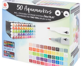 50 Aquamarkers Set - Marqueurs aquarelle | Marqueurs à colorier | Marqueurs de calligraphie | Marqueurs pointe pinceau | Marqueurs de peinture professionnels