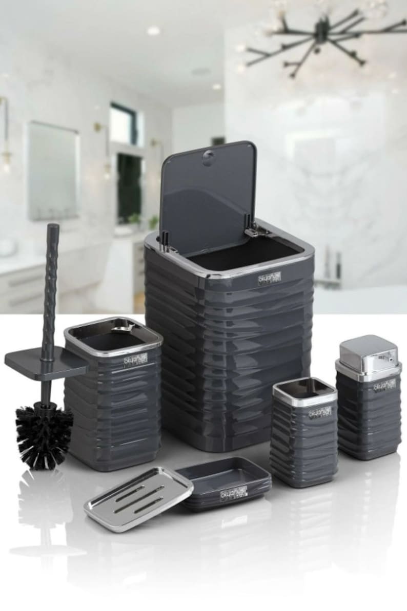 Bathroom Accessories Set With Trash Can, Toilet Brush, Toothbrush Holder, Soap Dispenser, Gray ...