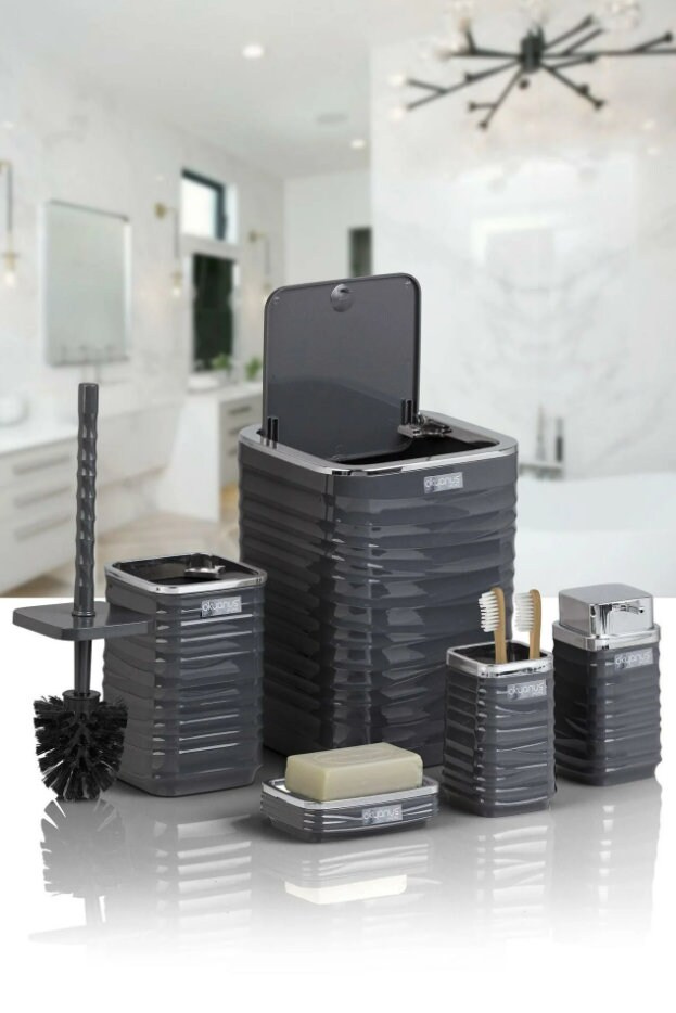 Bathroom Accessories Set With Trash Can, Toilet Brush, Toothbrush Holder, Soap Dispenser, Gray ...