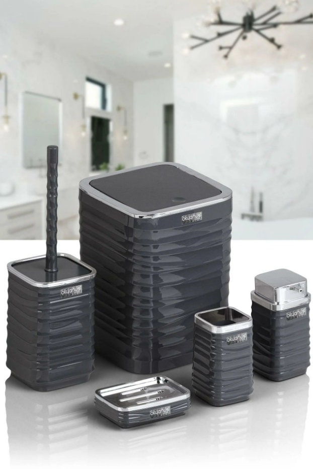 Bathroom Accessories Set With Trash Can, Toilet Brush, Toothbrush Holder, Soap Dispenser, Gray ...