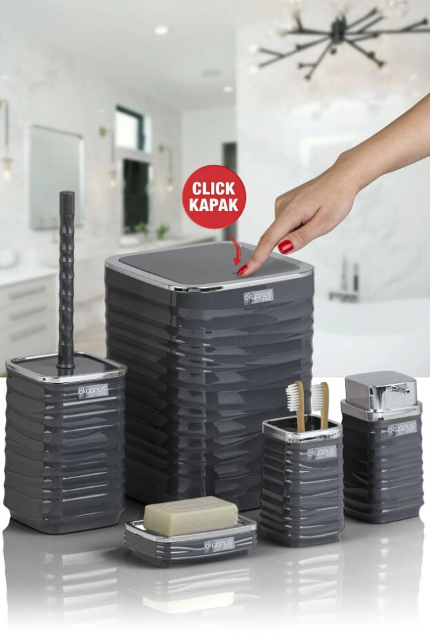 Bathroom Accessories Set With Trash Can, Toilet Brush, Toothbrush Holder, Soap Dispenser, Gray ...