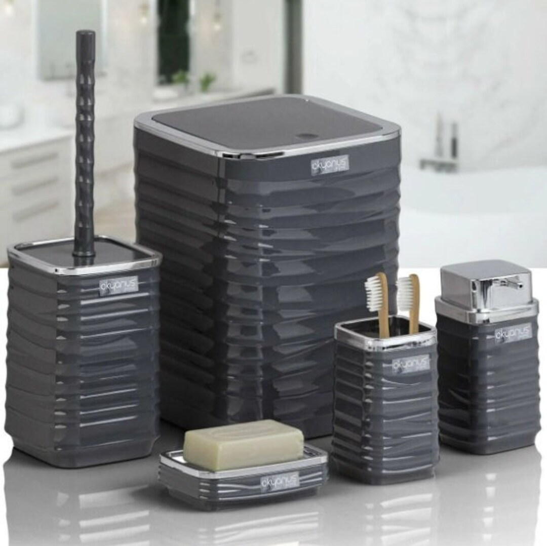 Bathroom Accessories Set With Trash Can, Toilet Brush, Toothbrush Holder, Soap Dispenser, Gray ...