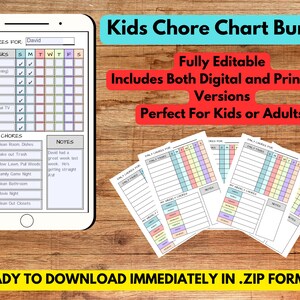 Editable Chore and Responsibilities Chart, Kids Teens Weekly & Daily Tasks, Template