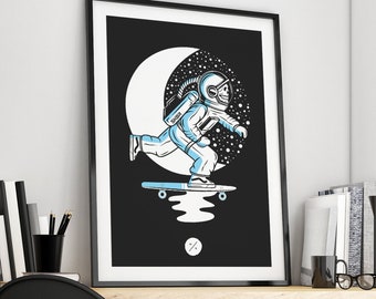 May include: A black and white illustration of a skeleton astronaut riding a skateboard on the moon. The astronaut is wearing a blue spacesuit with a white helmet and has a skull for a head. The moon is a crescent shape with stars in the background. The text "SK82" is on the astronaut's suit.