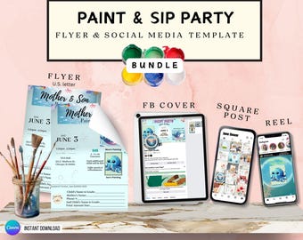 Ocean Theme Paint & Sip Canva Template Bundle: Flyer, Reel, Mockup (Digital Download)