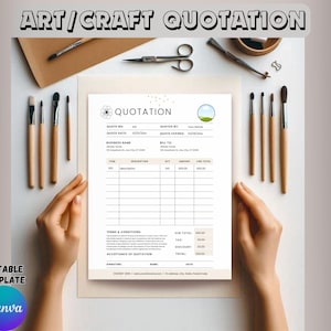 Op de afbeelding: Een afdrukbare offerte sjabloon voor kunst en ambacht met een minimalistisch ontwerp. De sjabloon bevat velden voor offertenummer, datum, bedrijfsnaam, factureren aan, artikelomschrijving, hoeveelheid, bedrag, regeltotaal, subtotaal, belasting, korting en totaal. De sjabloon bevat ook secties met algemene voorwaarden en acceptatie van de offerte.