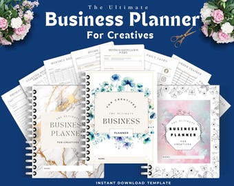 May include: Three spiral-bound business planners for creatives with various cover designs including marble, blue floral, and pink watercolor patterns. The planners feature internal pages for monthly budgets, invoices, refund policies, and daily tasks.