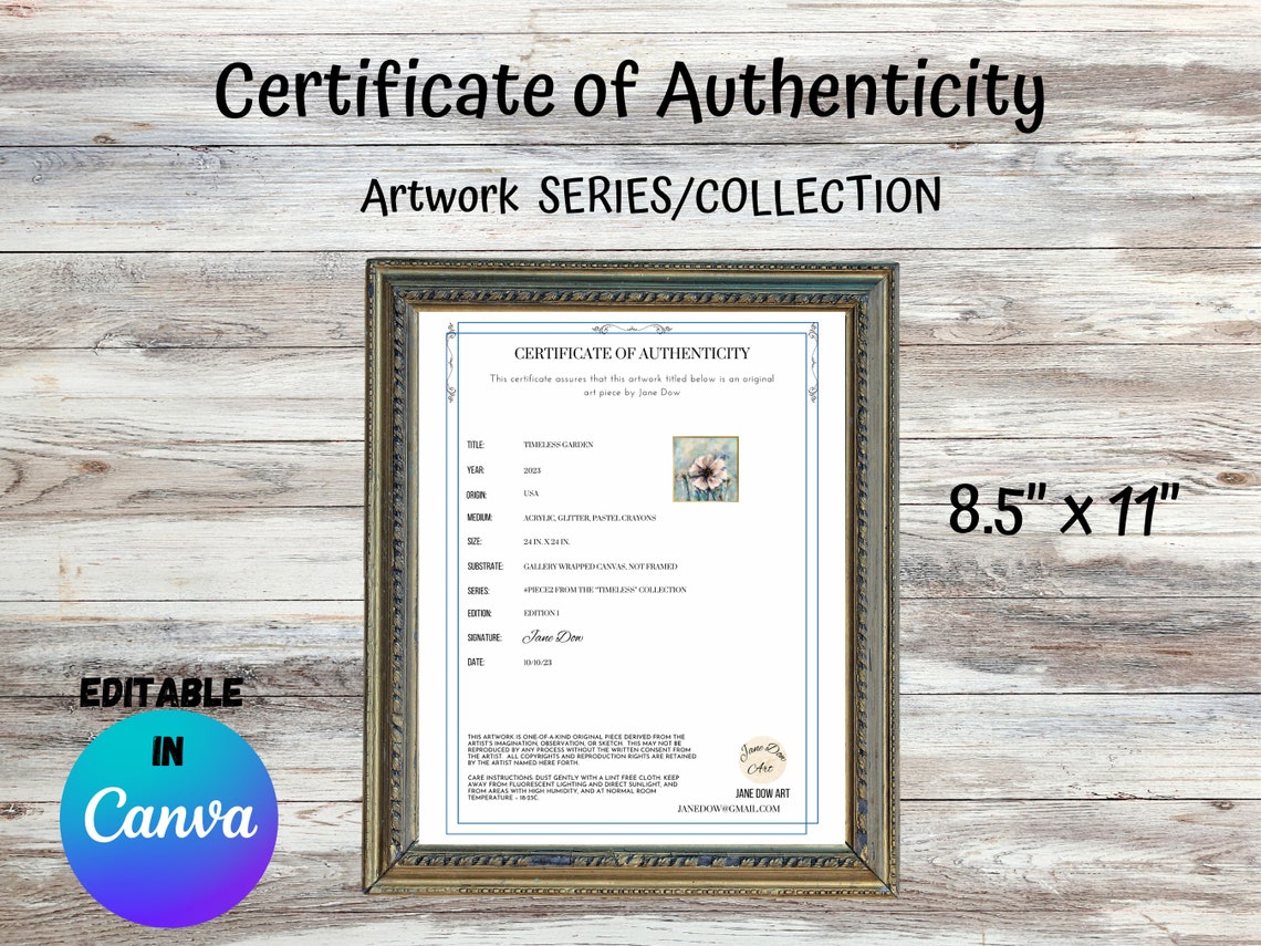 Wall Art Certificate of Authentication Series Template Editable Art ...