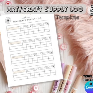 May include: A white paper sheet titled ART/CRAFT SUPPLY LOG with a floral icon, featuring four identical tables with columns for item, quantity, price, ordered, store, received, and need. The document includes the text important.