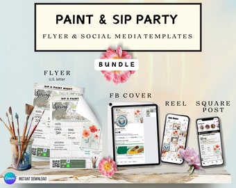 Paint and Sip Party Template Bundle: Flyer, FB Cover, Instagram (Canva Editable, Digital Download)