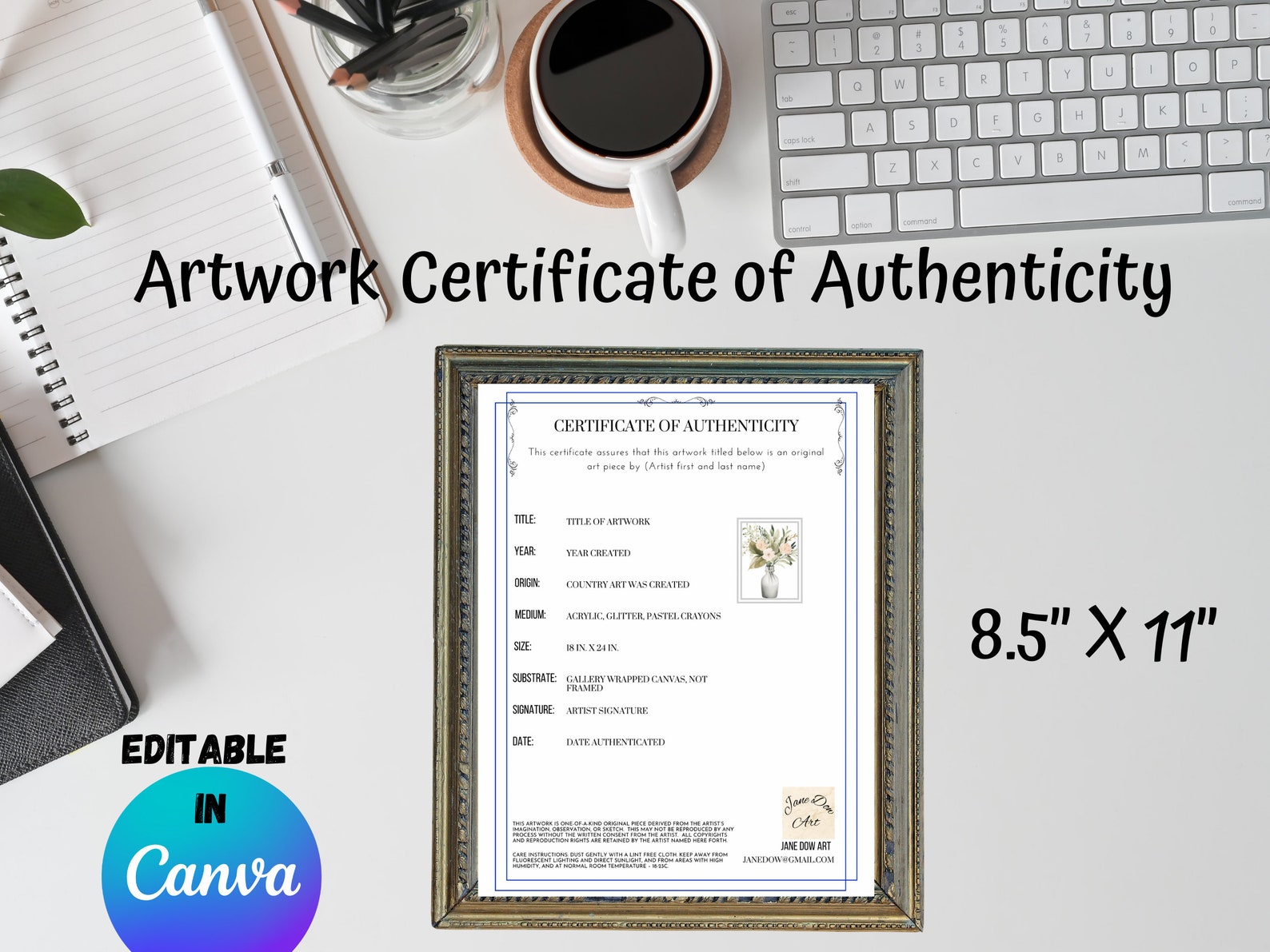 Wall Art Vertical Certificate of Authentication Template, Editable ...
