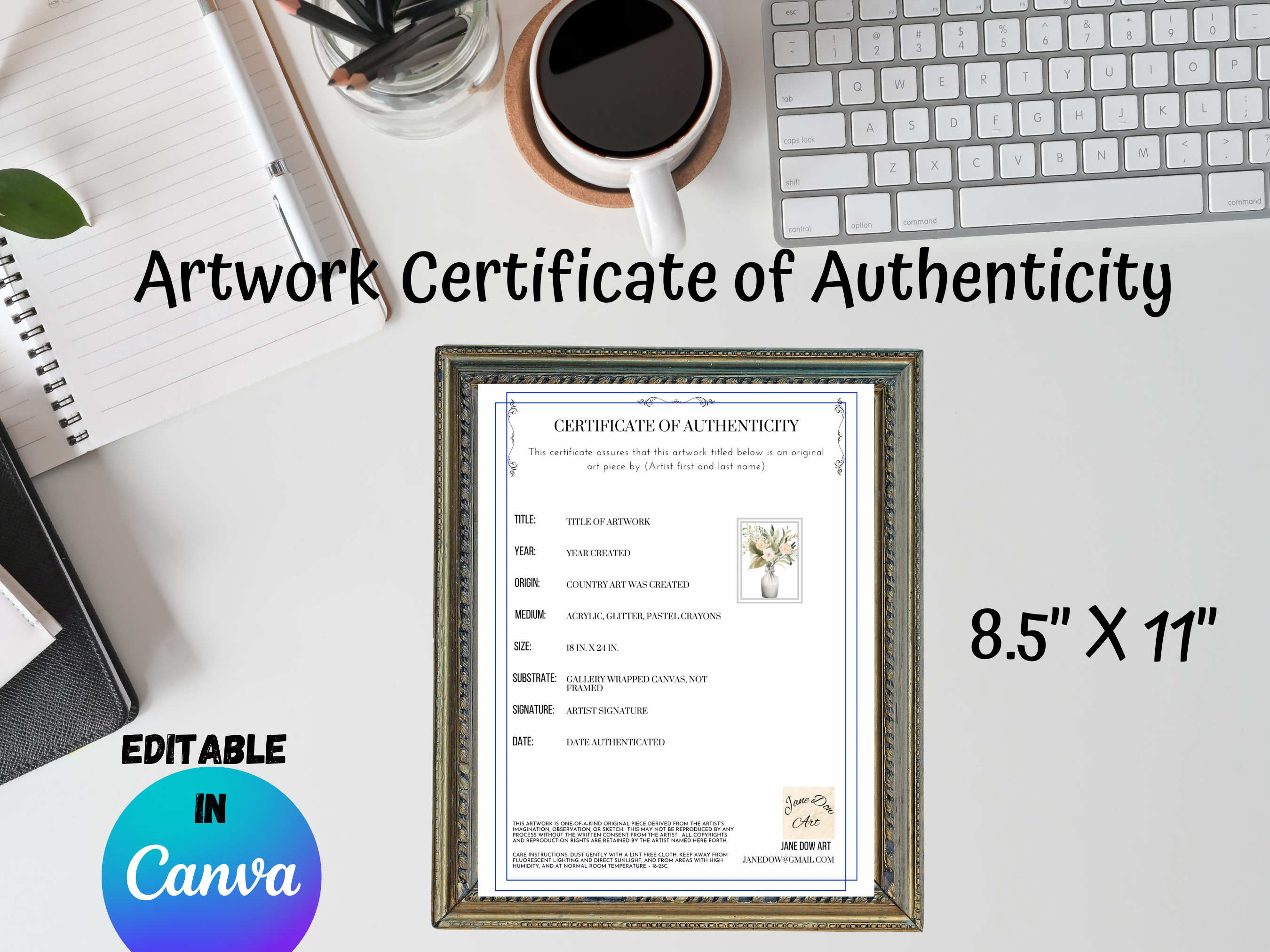 Wall Art Vertical Certificate of Authentication Template, Editable ...