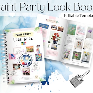 Plantilla de catálogo de imagen para fiestas de pintura: Catálogo de marketing para instructores de arte (Canva, descarga digital)