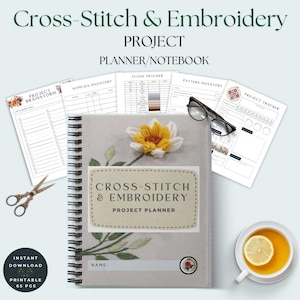 Planificateur de projet imprimable au point de croix et broderie|Motif numérique artisanal, design, organiseur, fil dentaire, suivi des stocks|Noteboo à remplir 65 pg