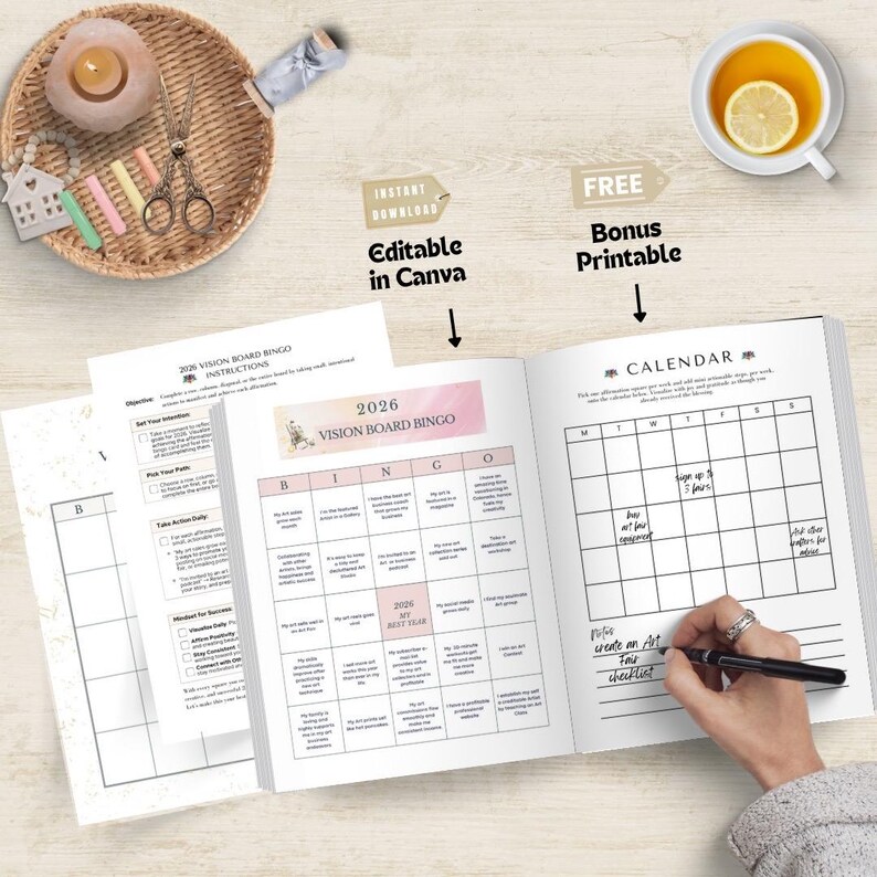 2026 Vision Board Bingo and Calendar for Artists: Canva Template Bundle ...