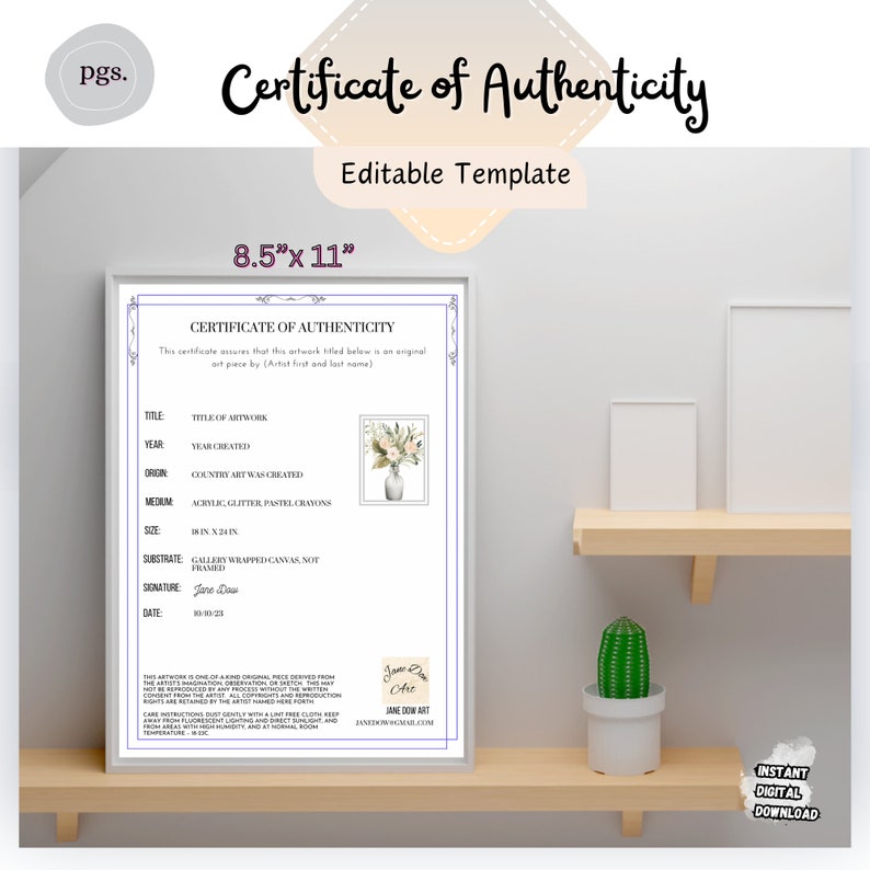 Wall Art Vertical Certificate of Authentication Template, Editable ...