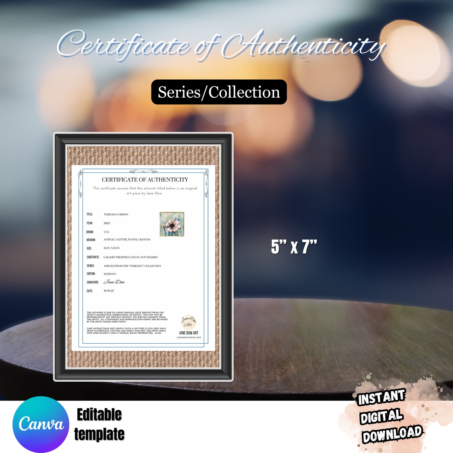 Certificate of Authentication Series Vertical Template for Artists ...