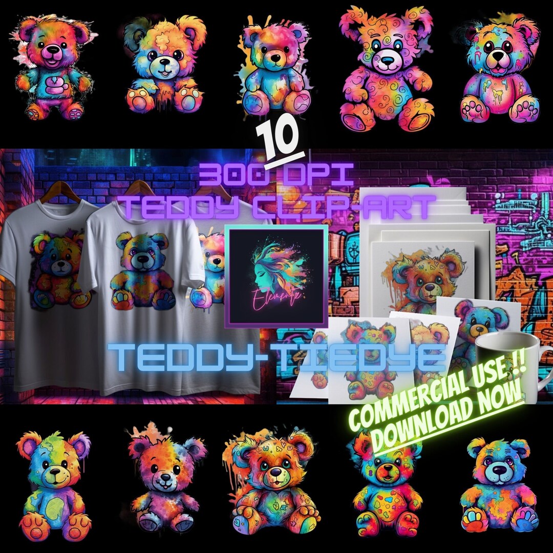 10 Tie Dye Teddy Bear Clip Art Designs Instant Digital Etsy